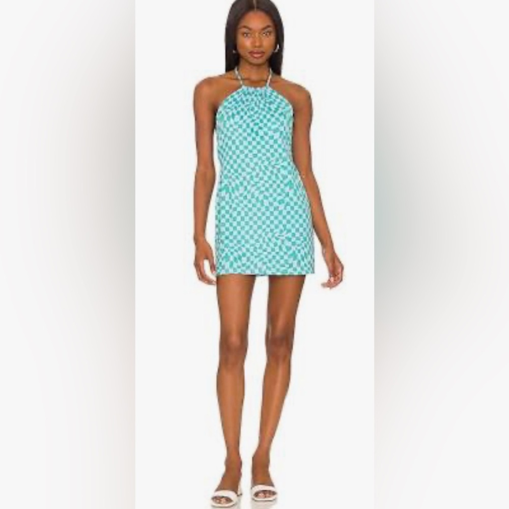 RESA Andi Blue Geo Mini Halter Dress Blue Green Checkered Dress Size M